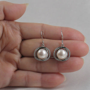 Sterling Silver White Pearl CZ Hook Earrings (58 CZ, Wide Design)