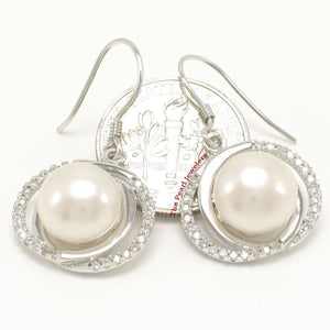 Sterling Silver White Pearl CZ Hook Earrings (58 CZ, Wide Design)