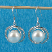 Load image into Gallery viewer, Sterling Silver White Pearl CZ Hook Earrings (58 CZ, Wide Design)