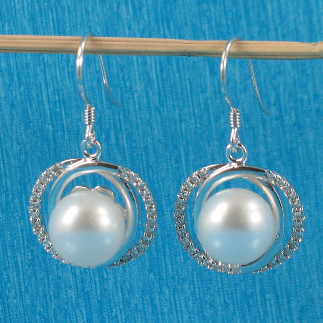 Sterling Silver White Pearl CZ Hook Earrings (58 CZ, Wide Design)