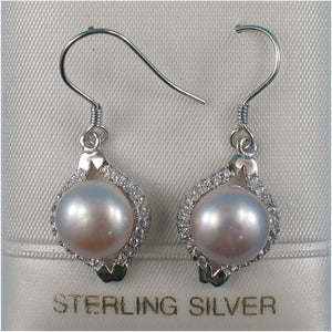 Sterling Silver Pink Pearl CZ Hook Earrings (40 CZ)
