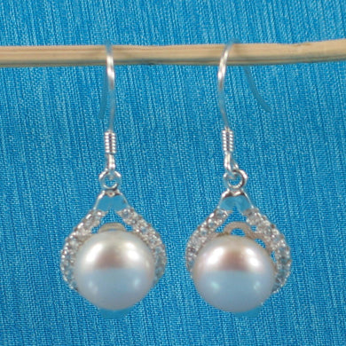 Sterling Silver Pink Pearl CZ Hook Earrings (40 CZ)