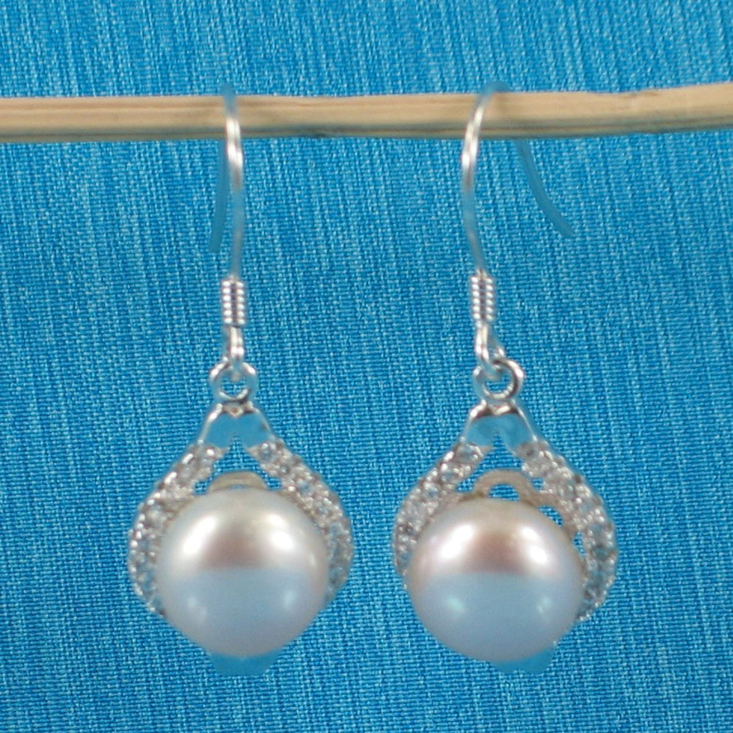 Sterling Silver Pink Pearl CZ Hook Earrings (40 CZ)
