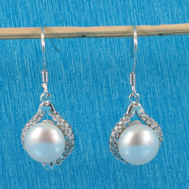 Sterling Silver White Pearl CZ Hook Earrings (40 CZ)