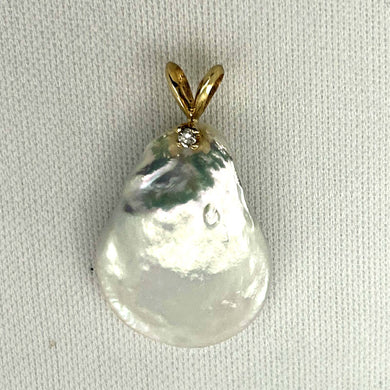 Baroque Coin Pearl Pendant – 14k Yellow Gold Rabbit-Ear Diamond Bail