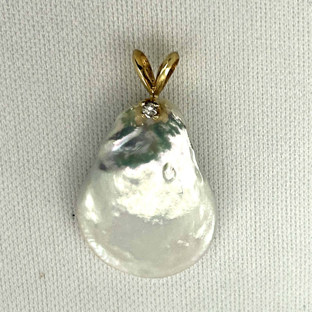Baroque Coin Pearl Pendant – 14k Yellow Gold Rabbit-Ear Diamond Bail