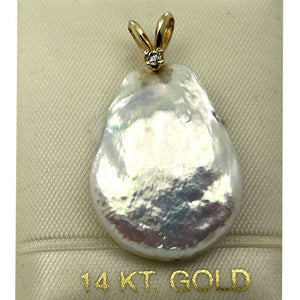 Baroque Coin Pearl Pendant – 14k Yellow Gold Rabbit-Ear Diamond Bail
