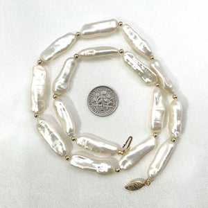 White Biwa Pearl & Gold Bead Necklace with 14k Gold Clasp