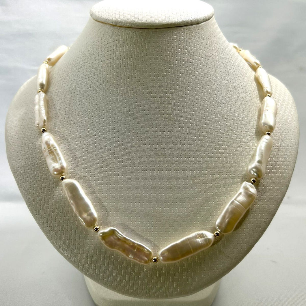 White Biwa Pearl & Gold Bead Necklace with 14k Gold Clasp