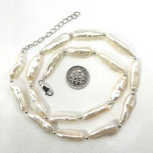 White Biwa Pearl & Silver Bead Necklace with Trigger Clasp