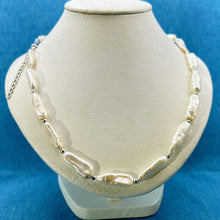 Load image into Gallery viewer, White Biwa Pearl &amp; Silver Bead Necklace with Trigger Clasp