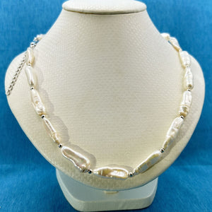 White Biwa Pearl & Silver Bead Necklace with Trigger Clasp