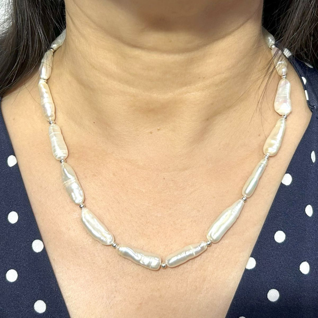 White Biwa Pearl & Silver Bead Necklace with Trigger Clasp