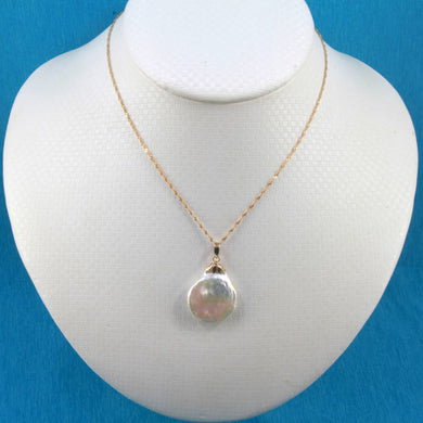 White Coin Pearl Pendant – 14k Yellow Gold with Singapore Chain Options