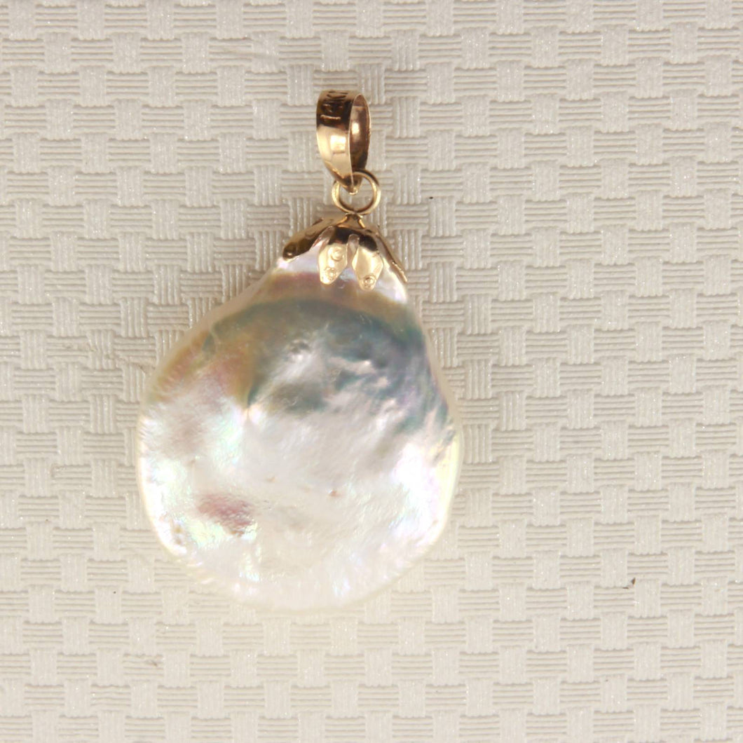 White Coin Pearl Pendant – 14k Yellow Gold with Singapore Chain Options