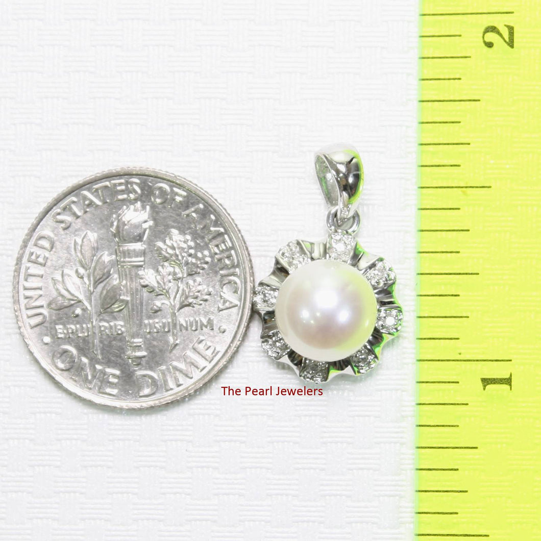 White Cultured Pearl Pendant – 14k White Gold with Diamond Halo