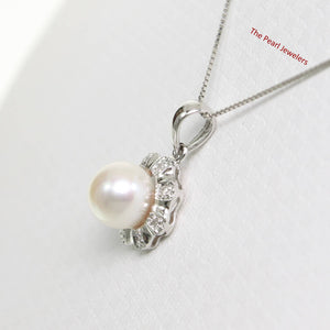 White Cultured Pearl Pendant – 14k White Gold with Diamond Halo