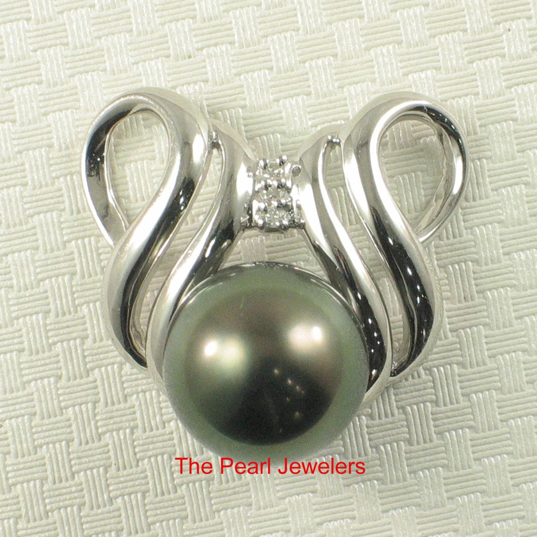 14k White Gold Crest Bale & Diamond Accent Black Tahitian Pearl Pendant