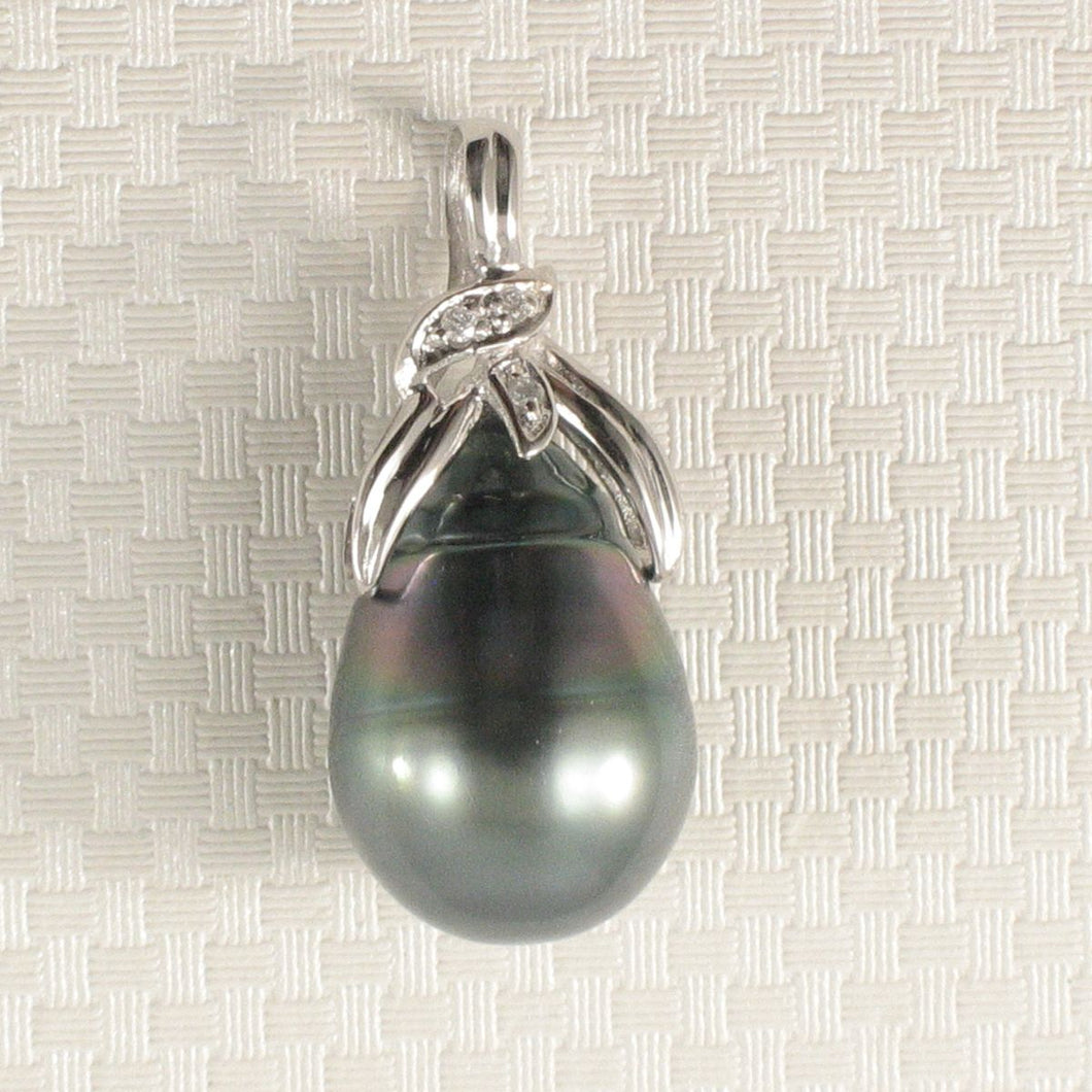 14k White Gold Peacock Tahitian Pearl & Diamond Pendant