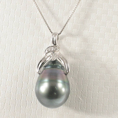 14k White Gold Peacock Tahitian Pearl & Diamond Pendant