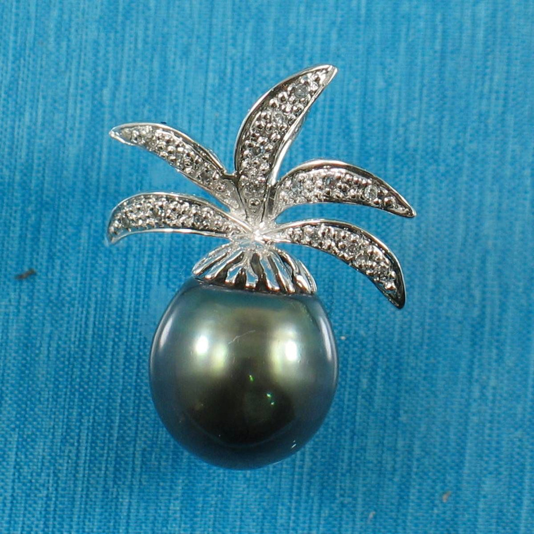 14k White Gold Pineapple-Bale & 16-Diamond Black Tahitian Pearl Pendant