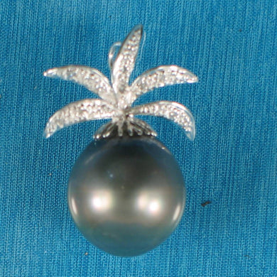 14k Solid White Gold Pineapple-Bale & Diamond Black Tahitian Pearl Pendant