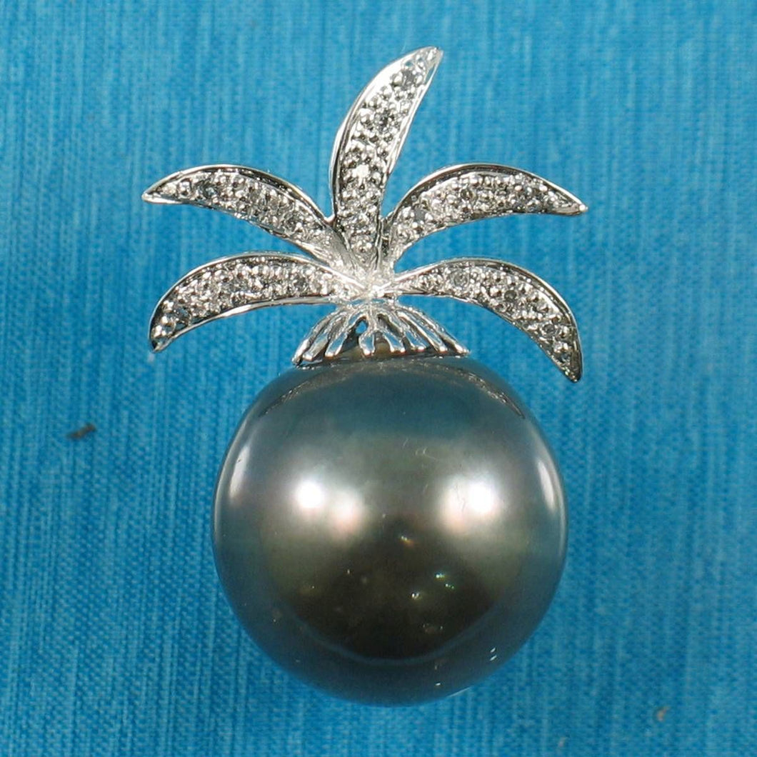 14k Solid White Gold Pineapple-Bale & Diamond Black Tahitian Pearl Pendant