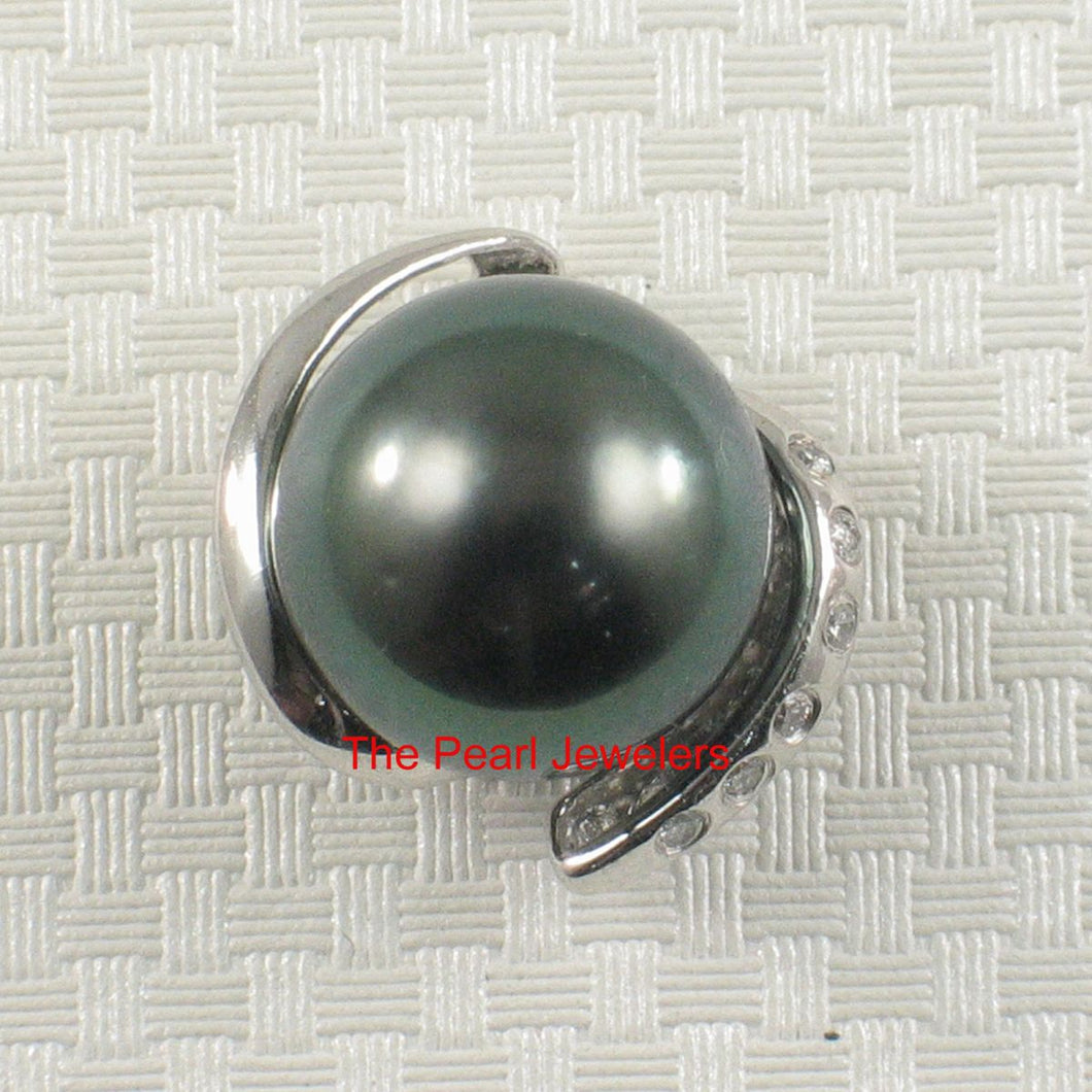 14k Solid White Gold “S” Bale & Diamond Black Tahitian Pearl Pendant