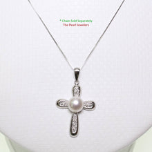 Load image into Gallery viewer, White Pearl Cross Pendant – 14k White Gold + Diamonds