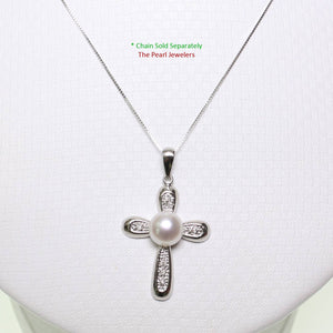 White Pearl Cross Pendant – 14k White Gold + Diamonds