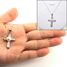 Load image into Gallery viewer, White Pearl Cross Pendant – 14k White Gold + Diamonds