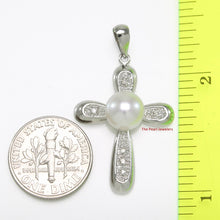 Load image into Gallery viewer, White Pearl Cross Pendant – 14k White Gold + Diamonds