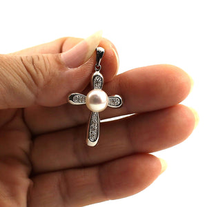 White Pearl Cross Pendant – 14k White Gold + Diamonds