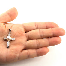 Load image into Gallery viewer, White Pearl Cross Pendant – 14k White Gold + Diamonds