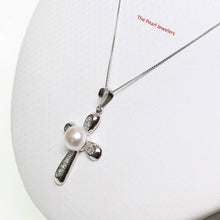 Load image into Gallery viewer, White Pearl Cross Pendant – 14k White Gold + Diamonds