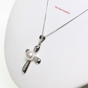 White Pearl Cross Pendant – 14k White Gold + Diamonds