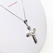 Load image into Gallery viewer, White Pearl Cross Pendant – 14k White Gold + Diamonds