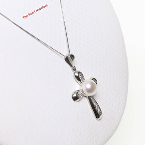 White Pearl Cross Pendant – 14k White Gold + Diamonds