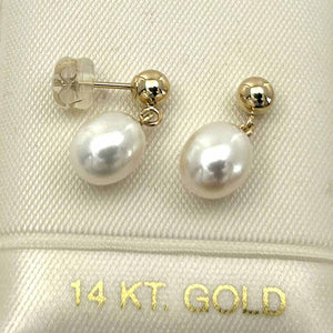 White Pearl Dangle Earrings – 14k Yellow Gold Studs