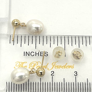 White Pearl Dangle Earrings – 14k Yellow Gold Studs