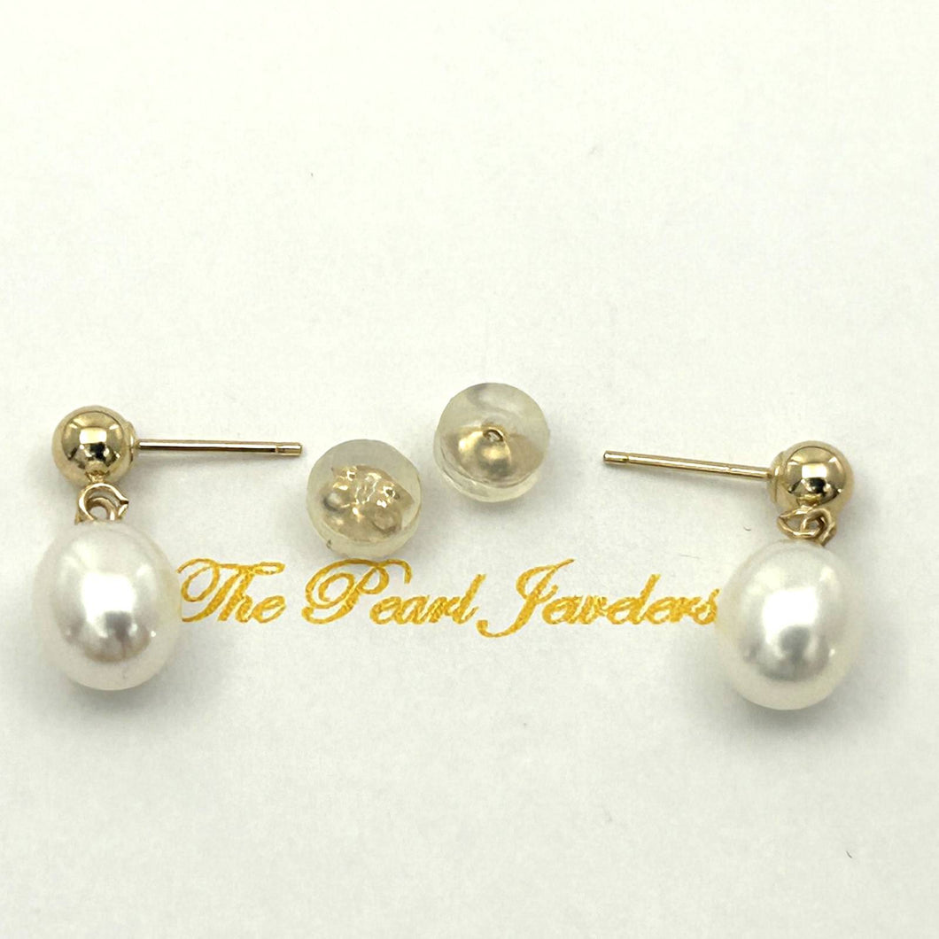 White Pearl Dangle Earrings – 14k Yellow Gold Studs