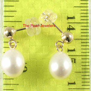 White Pearl Dangle Earrings – 14k Yellow Gold Studs