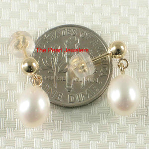 White Pearl Dangle Earrings – 14k Yellow Gold Studs