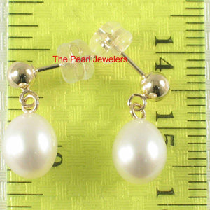 White Pearl Dangle Earrings – 14k Yellow Gold Studs