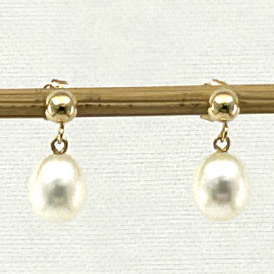 White Pearl Dangle Earrings – 14k Yellow Gold Studs