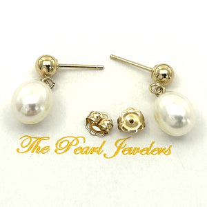 White Pearl Dangle Earrings – 14k Yellow Gold Studs
