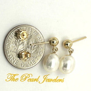 White Pearl Dangle Earrings – 14k Yellow Gold Studs