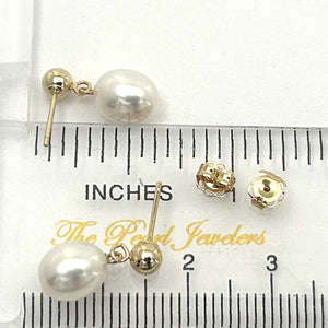 White Pearl Dangle Earrings – 14k Yellow Gold Studs