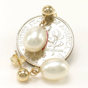 White Pearl Dangle Earrings – 14k Yellow Gold Studs