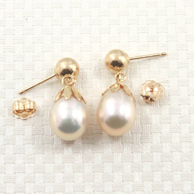 14K Yellow Gold White Pearl Dangle Earrings with Claws